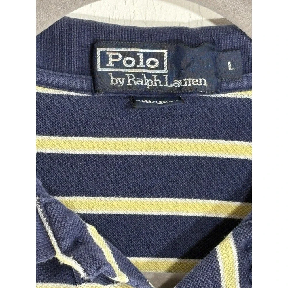 Polo Ralph Lauren Navy Blue Yellow Striped Men’s Large POLO Shirt 100% Cotton